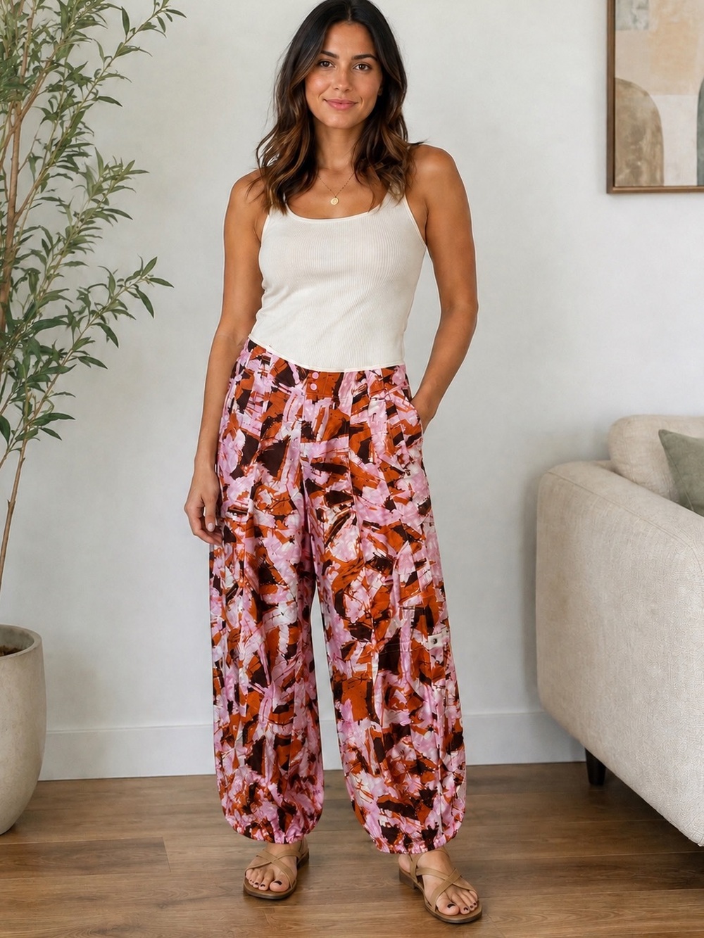 MAEVE from ANTHROPOLOGIE Women’s Size 6 Abstract Pink Orange Print Balloon Pant